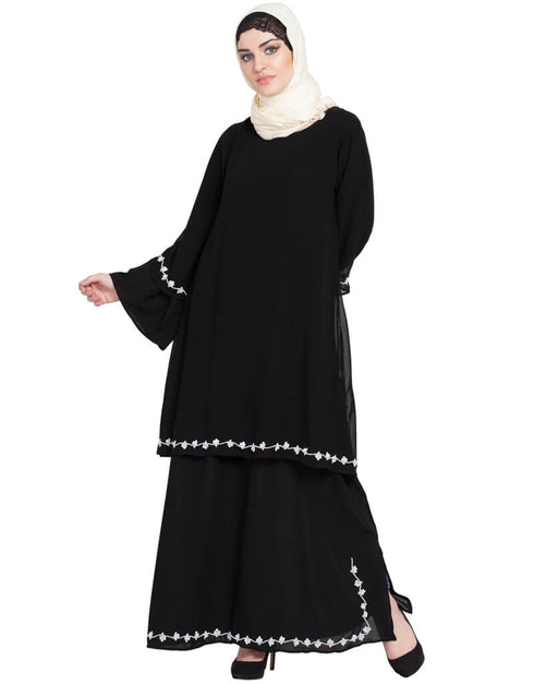 Chic Double Layer Bell Sleeve hand embroidered Abaya Black Women Online shopping USA
